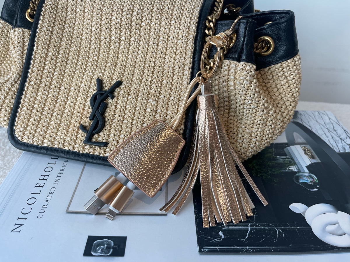 Power Up Leather Tassel Lightning to USB-A Keychain with Tassel Gold