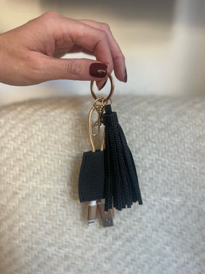 Power Up Leather Tassel Lightning to USB-A Keychain - Black