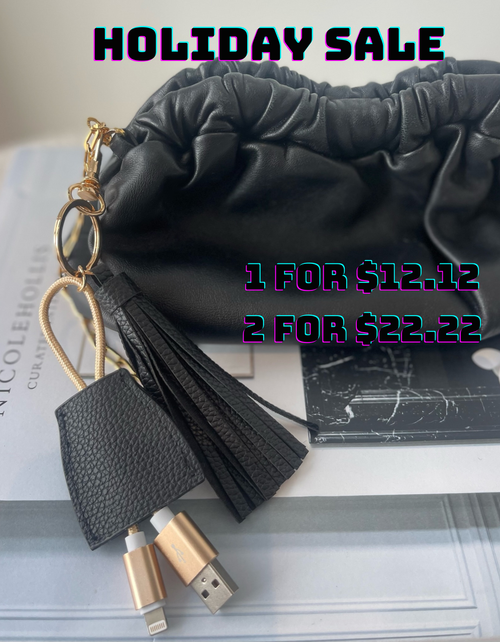 Power Up Leather Tassel Keychain - Black