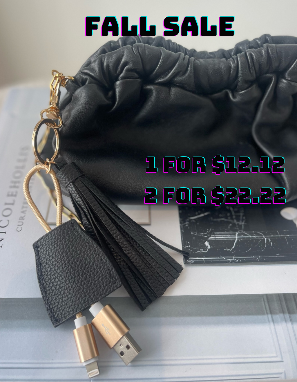 Power Up Leather Tassel Keychain - Black