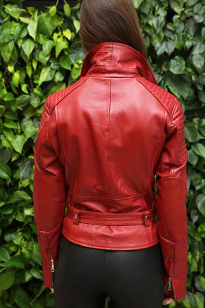 Raspberry Red Lambskin Leather Moto Jacket